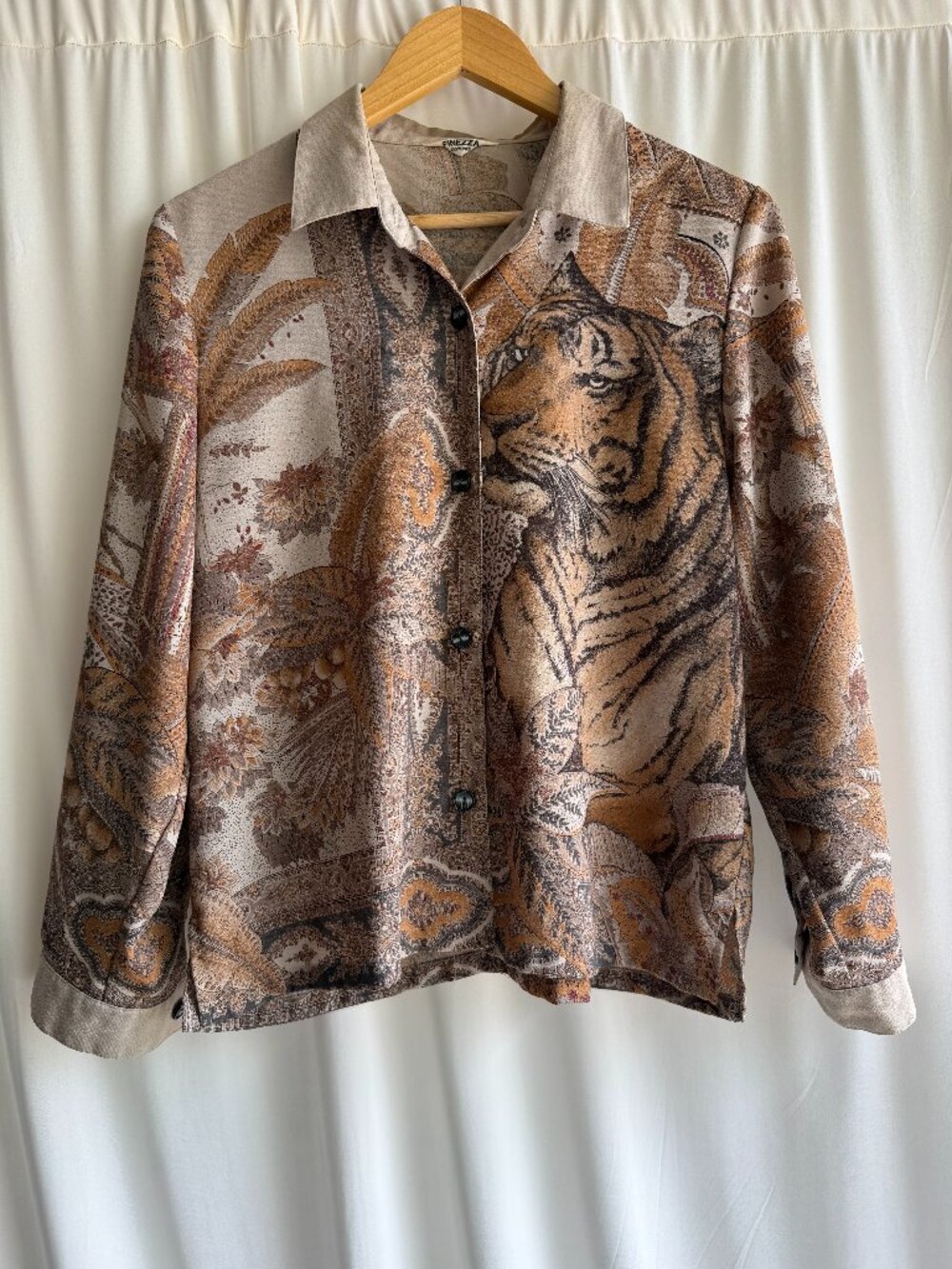 Vintage Finezza Tiger Print Sheer Button Front Blouse M